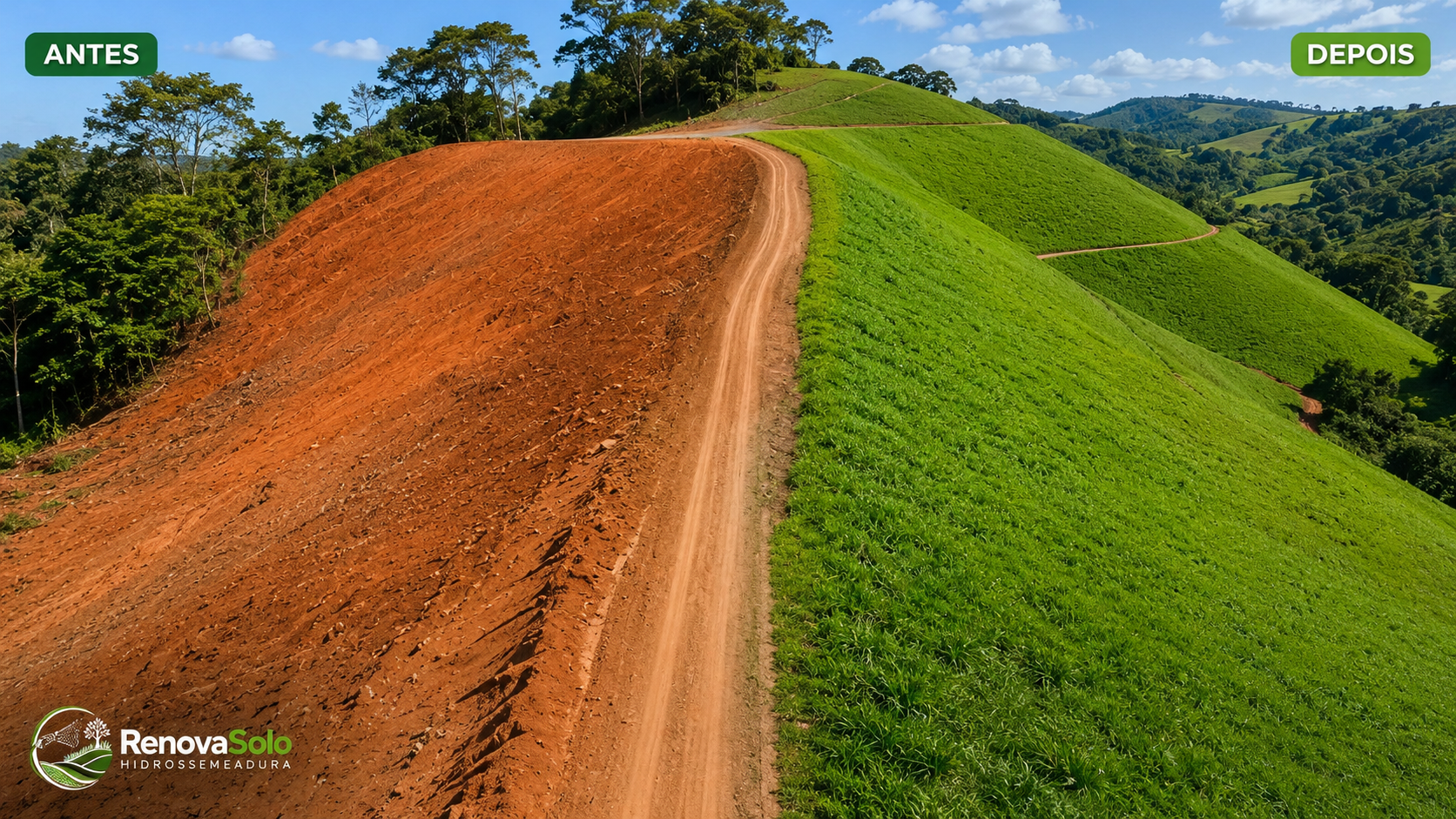Encosta rural antes e depois da plantação de gramas em placas RenovaSolo